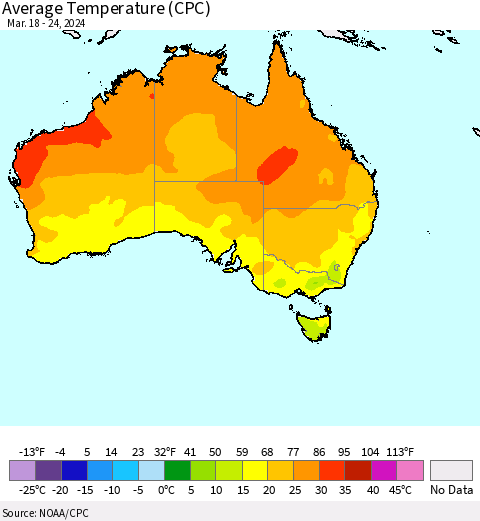 Australia Average Temperature (CPC) Thematic Map For 3/18/2024 - 3/24/2024