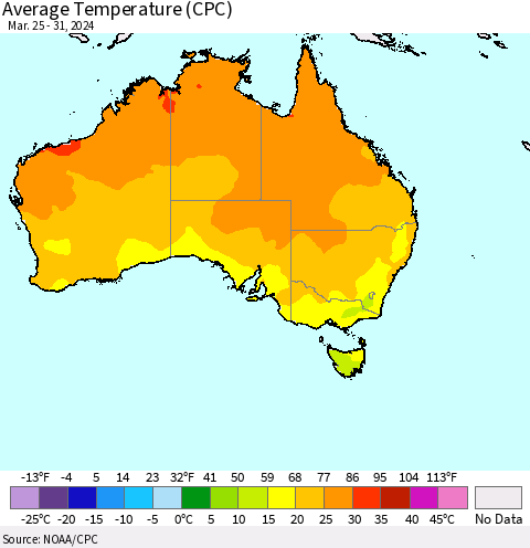 Australia Average Temperature (CPC) Thematic Map For 3/25/2024 - 3/31/2024