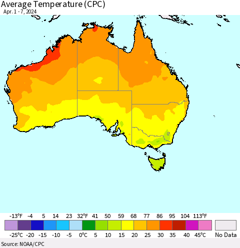 Australia Average Temperature (CPC) Thematic Map For 4/1/2024 - 4/7/2024