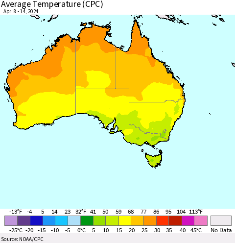 Australia Average Temperature (CPC) Thematic Map For 4/8/2024 - 4/14/2024
