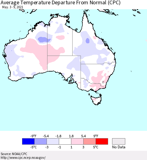 Australia Average Temperature Departure from Normal (CPC) Thematic Map For 5/3/2021 - 5/9/2021