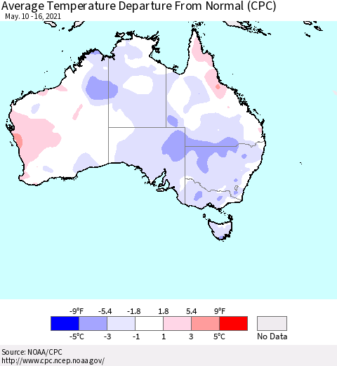 Australia Average Temperature Departure from Normal (CPC) Thematic Map For 5/10/2021 - 5/16/2021