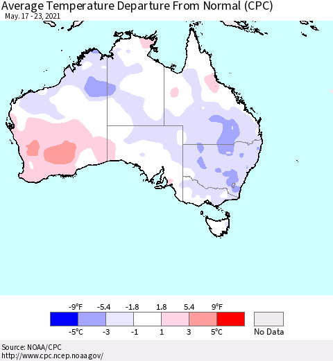Australia Average Temperature Departure from Normal (CPC) Thematic Map For 5/17/2021 - 5/23/2021