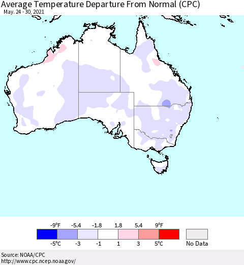 Australia Average Temperature Departure from Normal (CPC) Thematic Map For 5/24/2021 - 5/30/2021
