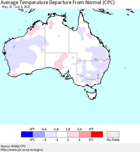 Australia Average Temperature Departure from Normal (CPC) Thematic Map For 5/31/2021 - 6/6/2021