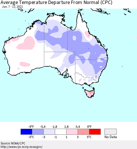 Australia Average Temperature Departure from Normal (CPC) Thematic Map For 6/7/2021 - 6/13/2021