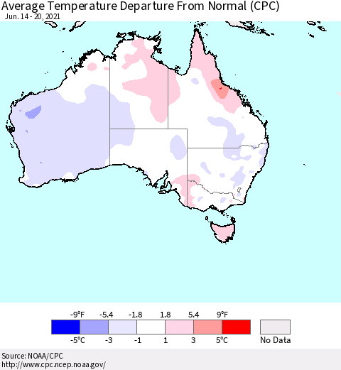 Australia Average Temperature Departure from Normal (CPC) Thematic Map For 6/14/2021 - 6/20/2021