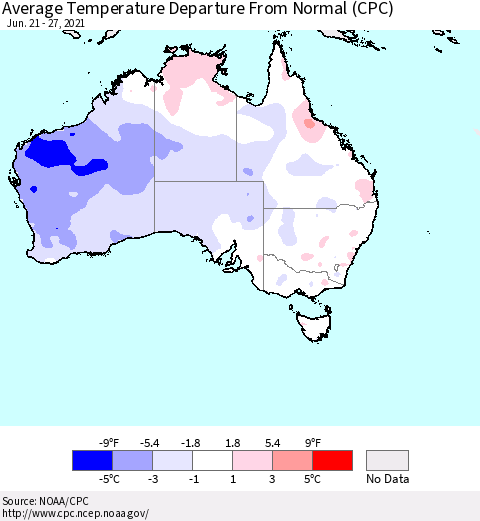 Australia Average Temperature Departure from Normal (CPC) Thematic Map For 6/21/2021 - 6/27/2021