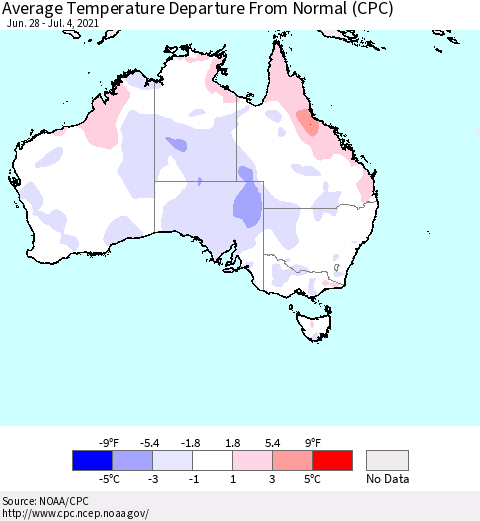 Australia Average Temperature Departure from Normal (CPC) Thematic Map For 6/28/2021 - 7/4/2021