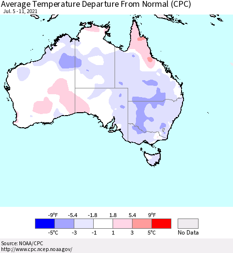 Australia Average Temperature Departure from Normal (CPC) Thematic Map For 7/5/2021 - 7/11/2021