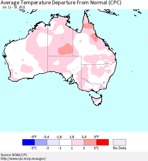 Australia Average Temperature Departure from Normal (CPC) Thematic Map For 7/12/2021 - 7/18/2021