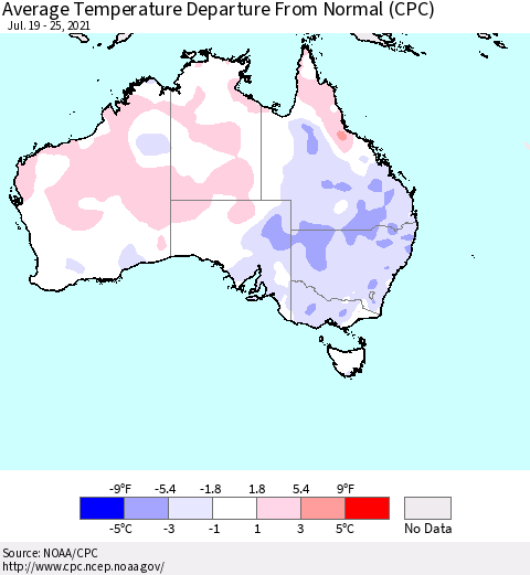Australia Average Temperature Departure from Normal (CPC) Thematic Map For 7/19/2021 - 7/25/2021