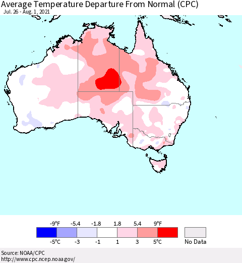 Australia Average Temperature Departure from Normal (CPC) Thematic Map For 7/26/2021 - 8/1/2021