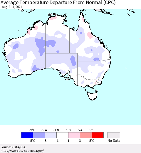 Australia Average Temperature Departure from Normal (CPC) Thematic Map For 8/2/2021 - 8/8/2021