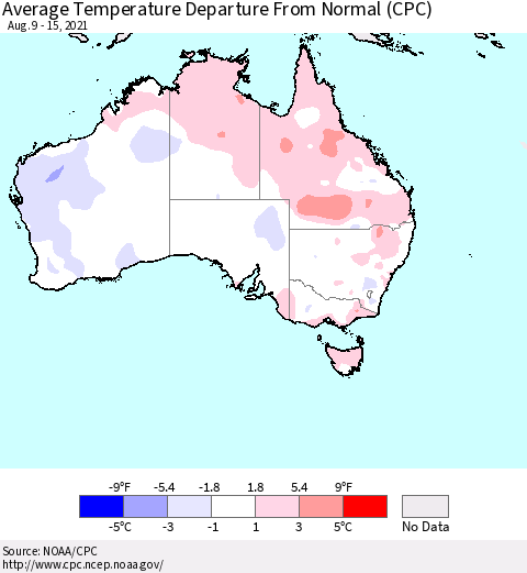 Australia Average Temperature Departure from Normal (CPC) Thematic Map For 8/9/2021 - 8/15/2021