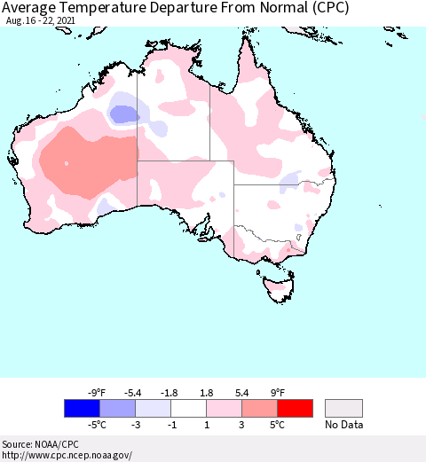 Australia Average Temperature Departure from Normal (CPC) Thematic Map For 8/16/2021 - 8/22/2021