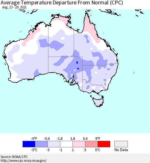 Australia Average Temperature Departure from Normal (CPC) Thematic Map For 8/23/2021 - 8/29/2021