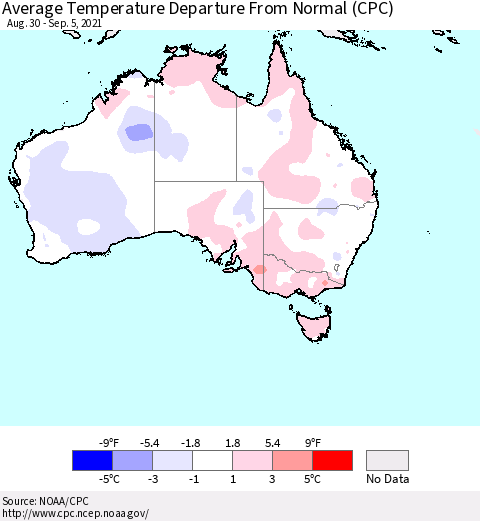 Australia Average Temperature Departure from Normal (CPC) Thematic Map For 8/30/2021 - 9/5/2021