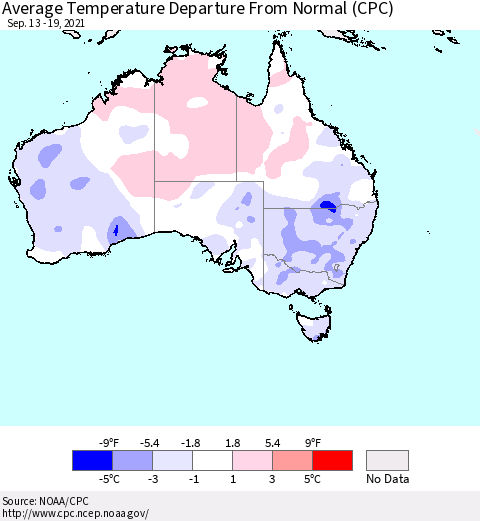 Australia Average Temperature Departure from Normal (CPC) Thematic Map For 9/13/2021 - 9/19/2021
