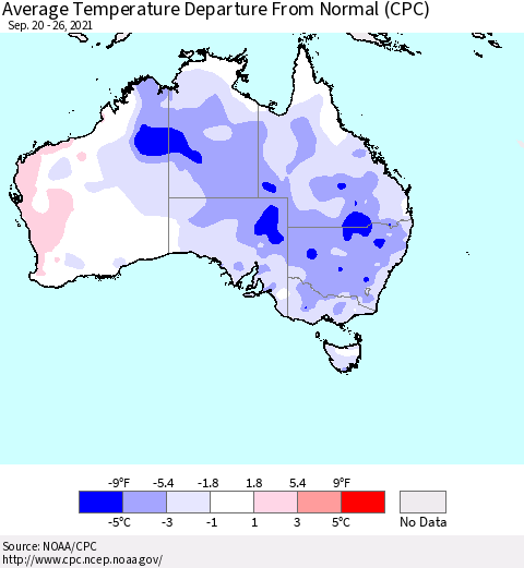 Australia Average Temperature Departure from Normal (CPC) Thematic Map For 9/20/2021 - 9/26/2021