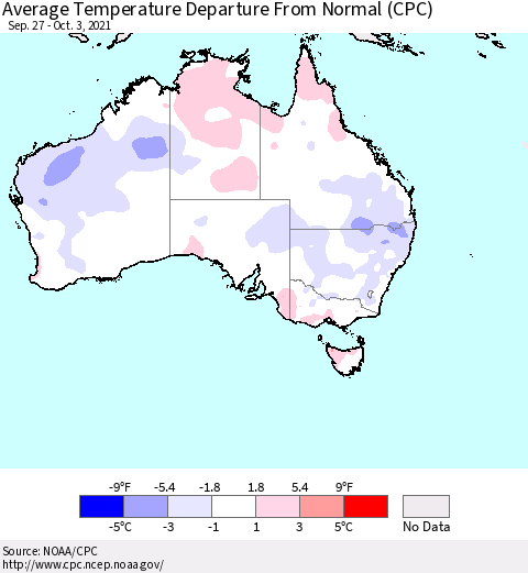 Australia Average Temperature Departure from Normal (CPC) Thematic Map For 9/27/2021 - 10/3/2021