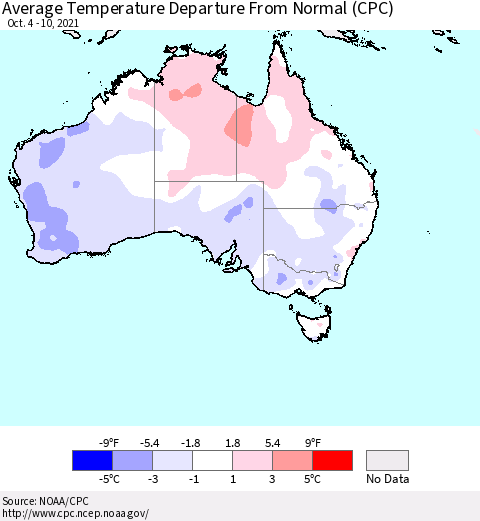 Australia Average Temperature Departure from Normal (CPC) Thematic Map For 10/4/2021 - 10/10/2021