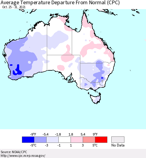 Australia Average Temperature Departure from Normal (CPC) Thematic Map For 10/25/2021 - 10/31/2021