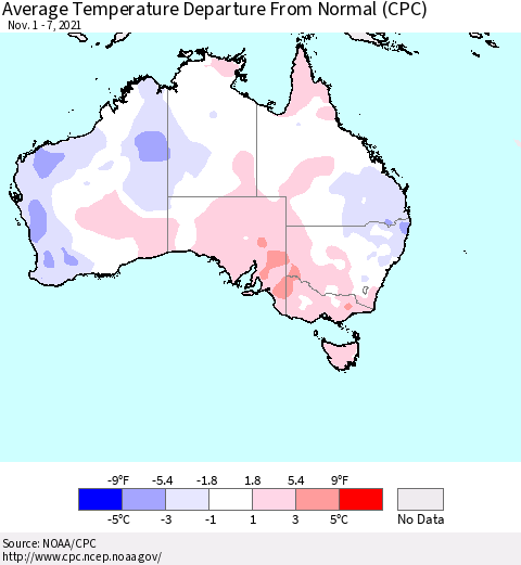 Australia Average Temperature Departure from Normal (CPC) Thematic Map For 11/1/2021 - 11/7/2021
