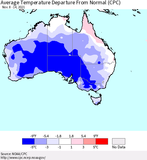 Australia Average Temperature Departure from Normal (CPC) Thematic Map For 11/8/2021 - 11/14/2021