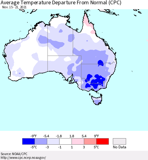 Australia Average Temperature Departure from Normal (CPC) Thematic Map For 11/15/2021 - 11/21/2021