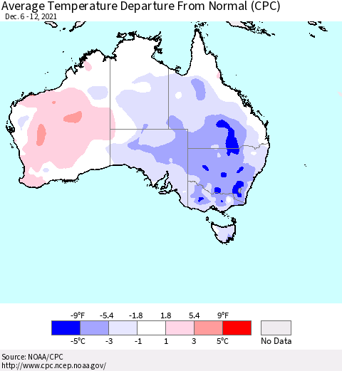 Australia Average Temperature Departure from Normal (CPC) Thematic Map For 12/6/2021 - 12/12/2021