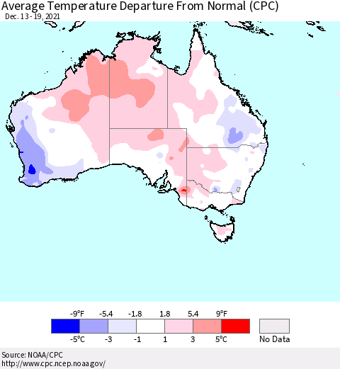 Australia Average Temperature Departure from Normal (CPC) Thematic Map For 12/13/2021 - 12/19/2021