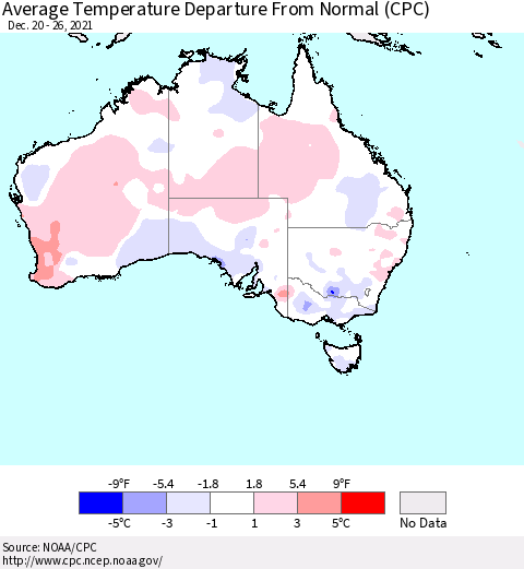 Australia Average Temperature Departure from Normal (CPC) Thematic Map For 12/20/2021 - 12/26/2021
