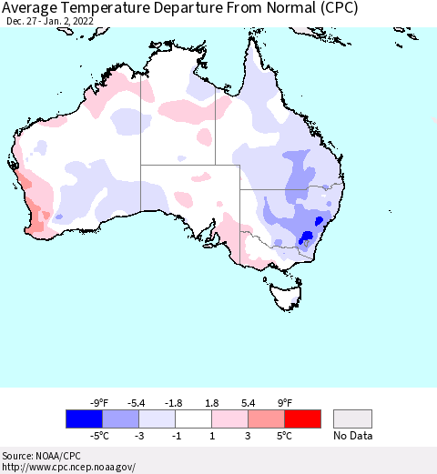 Australia Average Temperature Departure from Normal (CPC) Thematic Map For 12/27/2021 - 1/2/2022