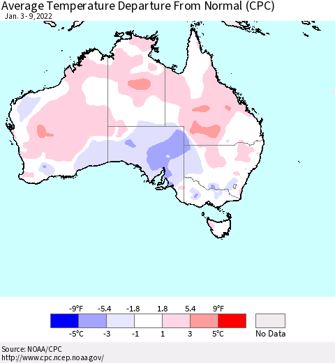 Australia Average Temperature Departure from Normal (CPC) Thematic Map For 1/3/2022 - 1/9/2022