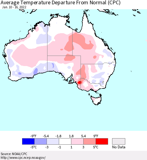 Australia Average Temperature Departure from Normal (CPC) Thematic Map For 1/10/2022 - 1/16/2022