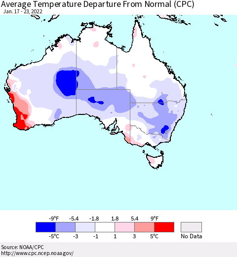 Australia Average Temperature Departure from Normal (CPC) Thematic Map For 1/17/2022 - 1/23/2022