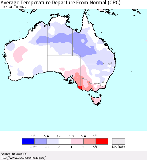 Australia Average Temperature Departure from Normal (CPC) Thematic Map For 1/24/2022 - 1/30/2022