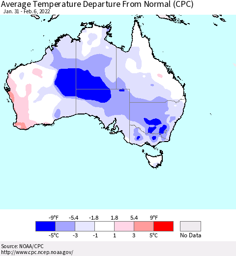 Australia Average Temperature Departure from Normal (CPC) Thematic Map For 1/31/2022 - 2/6/2022