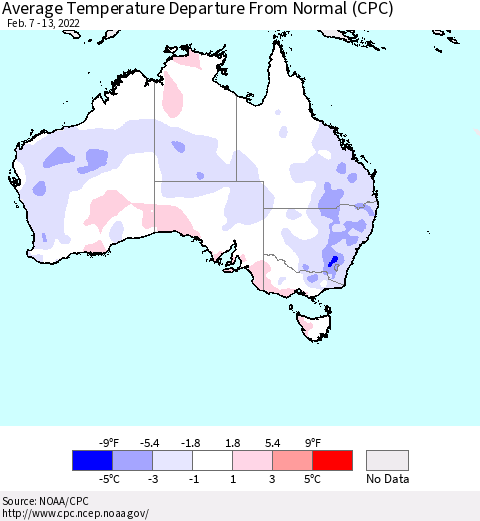 Australia Average Temperature Departure from Normal (CPC) Thematic Map For 2/7/2022 - 2/13/2022