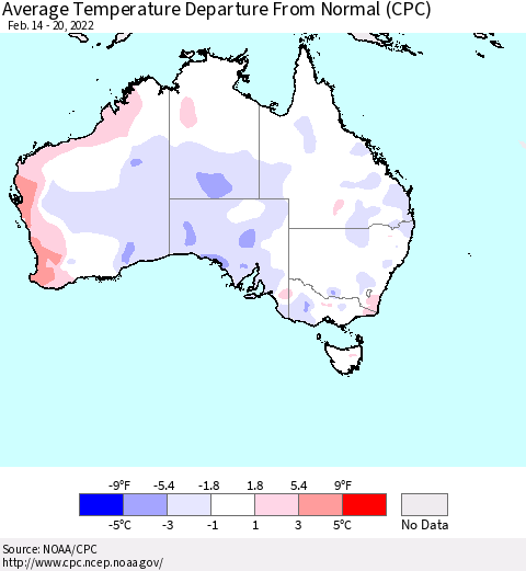 Australia Average Temperature Departure from Normal (CPC) Thematic Map For 2/14/2022 - 2/20/2022