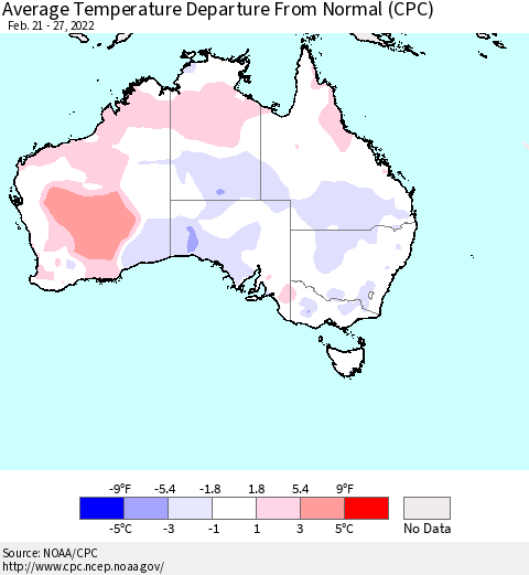 Australia Average Temperature Departure from Normal (CPC) Thematic Map For 2/21/2022 - 2/27/2022