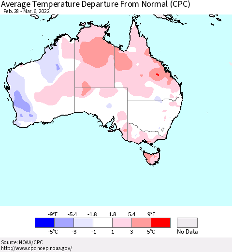 Australia Average Temperature Departure from Normal (CPC) Thematic Map For 2/28/2022 - 3/6/2022