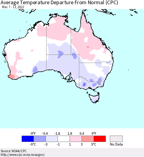 Australia Average Temperature Departure from Normal (CPC) Thematic Map For 3/7/2022 - 3/13/2022