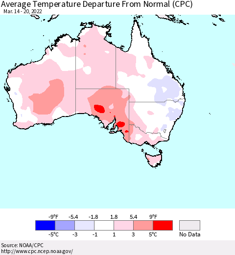 Australia Average Temperature Departure from Normal (CPC) Thematic Map For 3/14/2022 - 3/20/2022