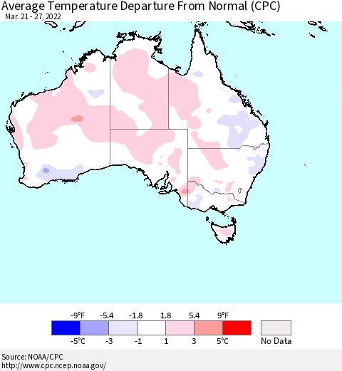 Australia Average Temperature Departure from Normal (CPC) Thematic Map For 3/21/2022 - 3/27/2022