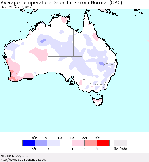Australia Average Temperature Departure from Normal (CPC) Thematic Map For 3/28/2022 - 4/3/2022