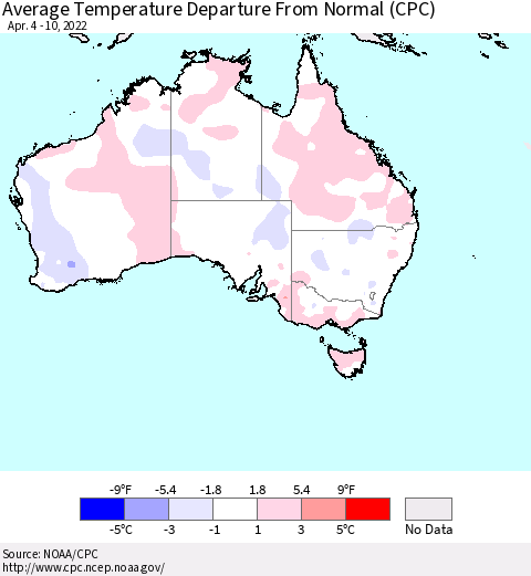 Australia Average Temperature Departure from Normal (CPC) Thematic Map For 4/4/2022 - 4/10/2022