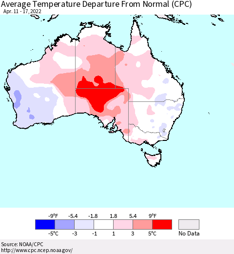 Australia Average Temperature Departure from Normal (CPC) Thematic Map For 4/11/2022 - 4/17/2022