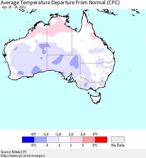 Australia Average Temperature Departure from Normal (CPC) Thematic Map For 4/18/2022 - 4/24/2022